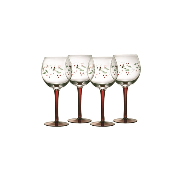 Pfaltzgraff Winterberry 13 oz Hand Painted Glass Wine Goblets, Set or 4