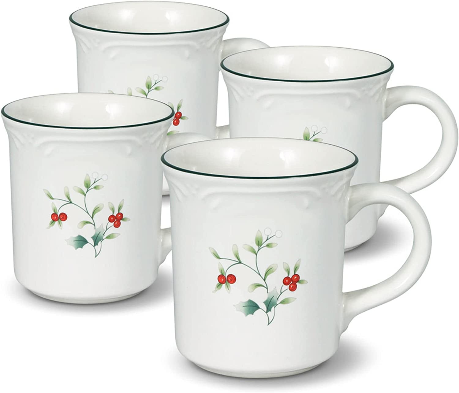 Winterberry White Ceramic Christmas Coffee Mugs, Set of 4