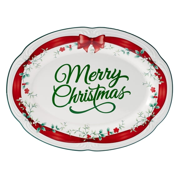 Pfaltzgraff Winterberry Stoneware 14 in Platter Red Ribbon