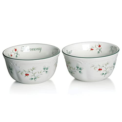 Winterberry White Stoneware Dessert Bowls with Green and Red Accents, Set of 2