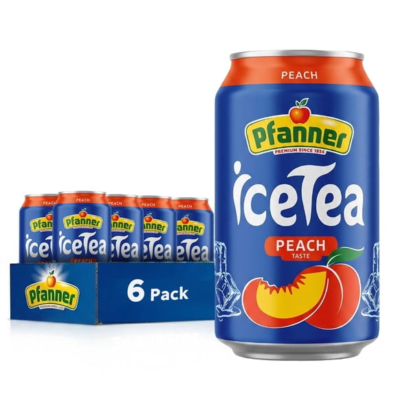 Pfanner Iced Tea Peach-  Made with Premium Black Tea, Rose Hips & Hibiscus - Enjoy a Crisp, Low-Calorie Iced Teas Cans Drink with Natural Ingredients & Floral Notes - 6 pack