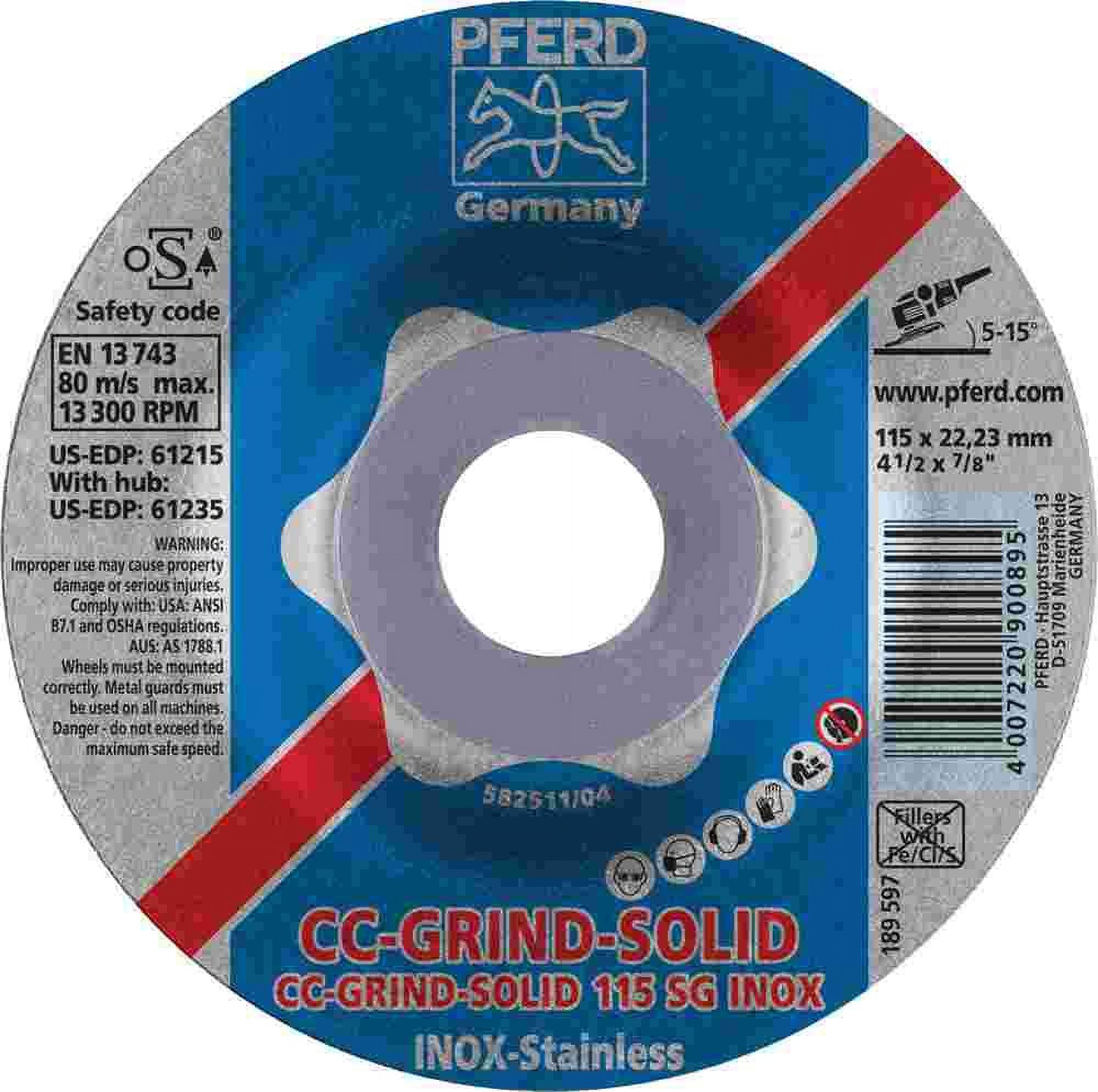 Pferd CC Grind Solid StainlessSteel (INOX) Grinding Wheel, 41/2 X 7/8 1 EA (41961215