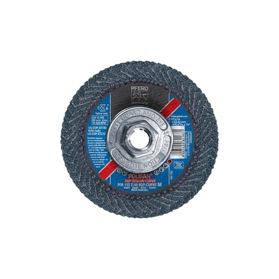 POLIFAN SGP Zircon-Curve Radial Type PFR Flap Disc, 7 in x 5/16 in, 40 Grit, 5/8 in-11 Arbor, 8,600 RPM