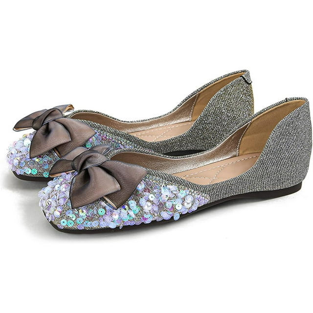 Pfhytec LU Square Toe Flats Shoes Bowknots Ballet Flats for Women Studded Dress Shoes Comfort Light Weight Loafers