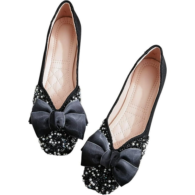 Pfhytec LU Square Toe Flats Shoes Bowknots Ballet Flats for Women Studded Dress Shoes Comfort Light Weight Loafers
