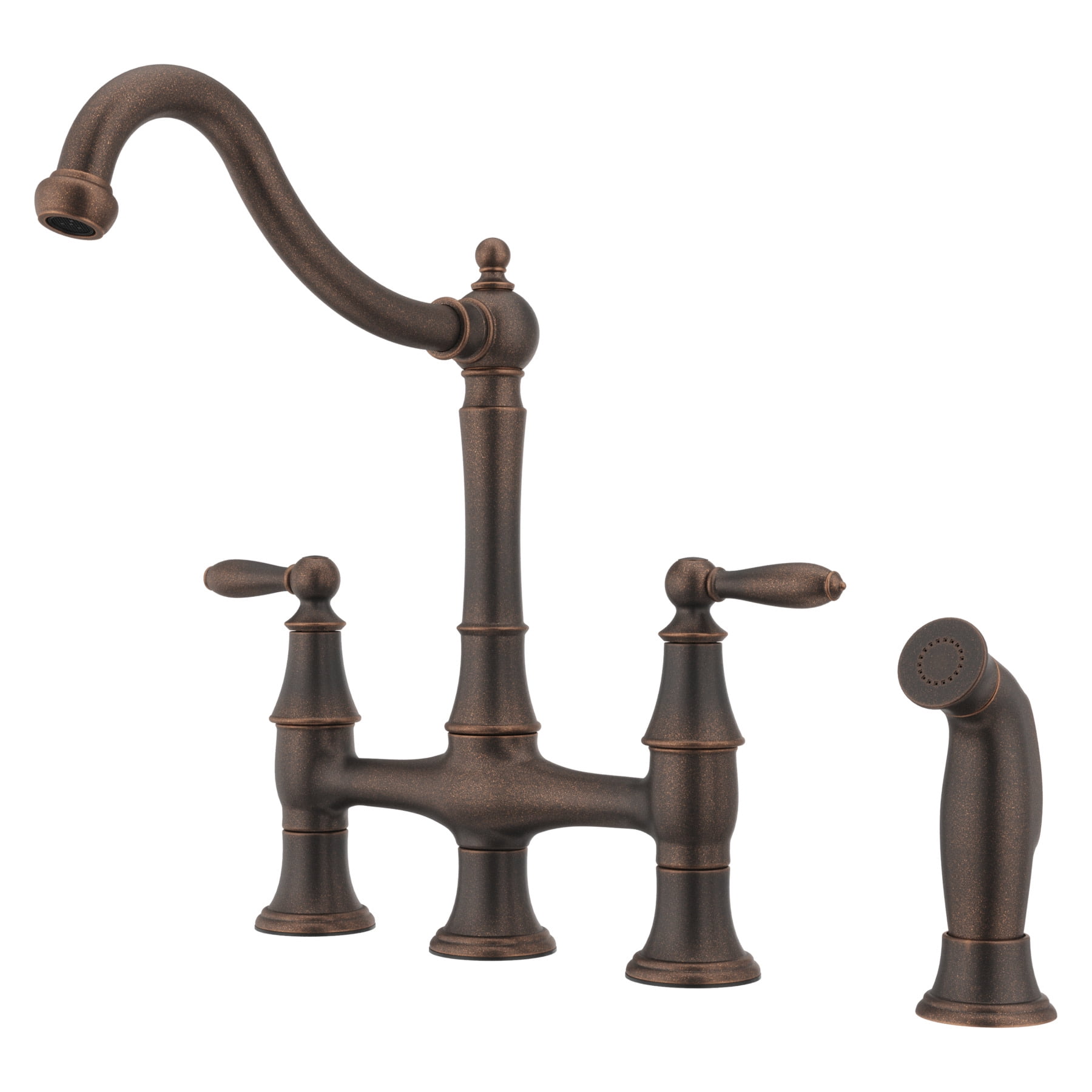 Rustic Bronze Double Handle Bridge Kitchen Faucet with Side Sprayer