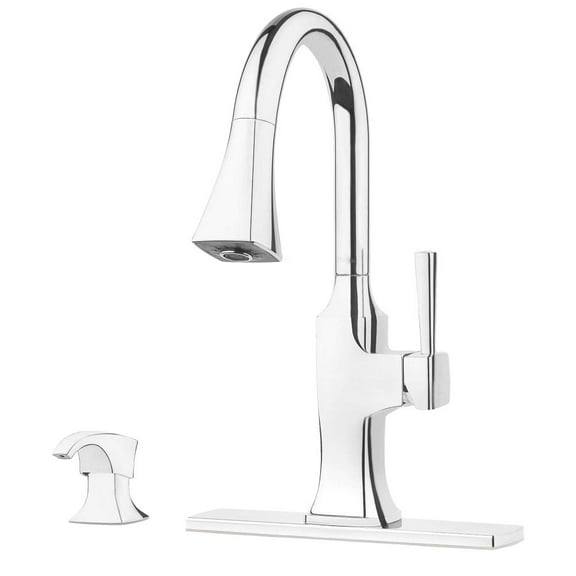 Pfister Kroft Kitchen Pulldown Spray & Stream Faucet in Spot Defense Polished Chrome, w/SoloTilt Soap Dispenser