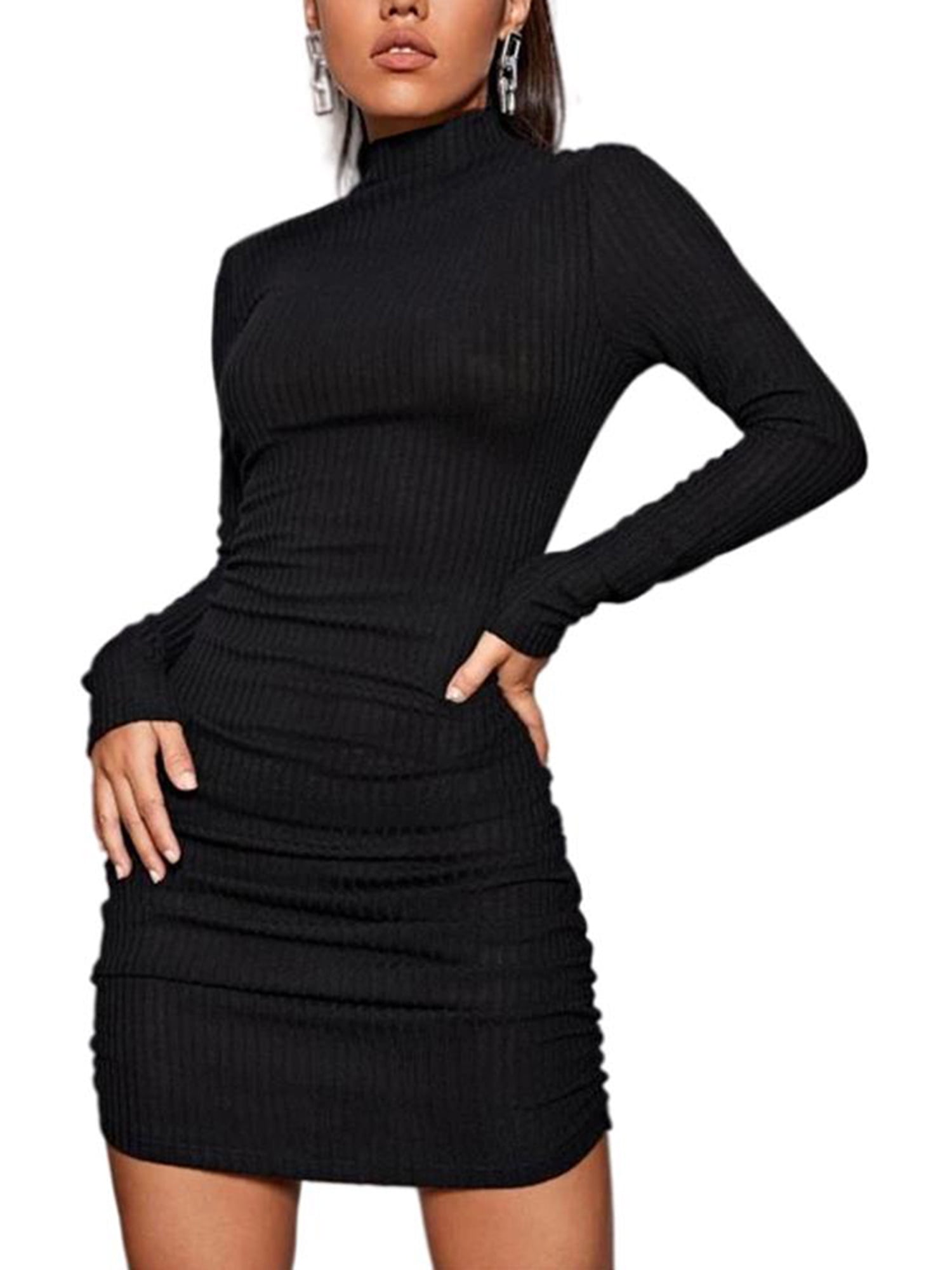 Pfysire Women Long Sleeve High Neck Knit Mini Dress Bodycon Warm Dresses Black M Walmart