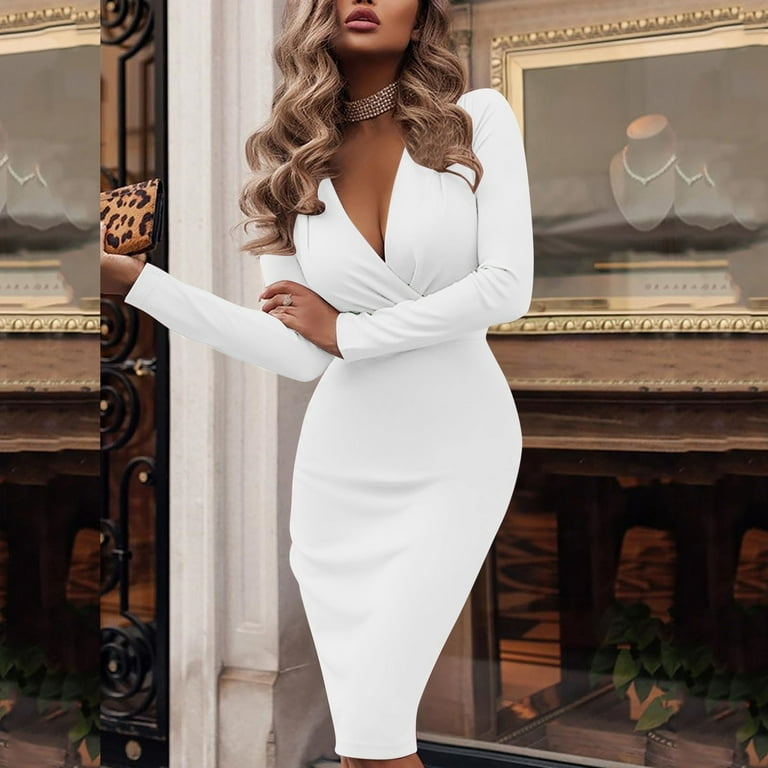 Pgeraug Fall Dresses for Women 2024 Dresses for Women 2024 Solid Color Long Sleeve Deep V Neck Pleated Long Bag White S Walmart