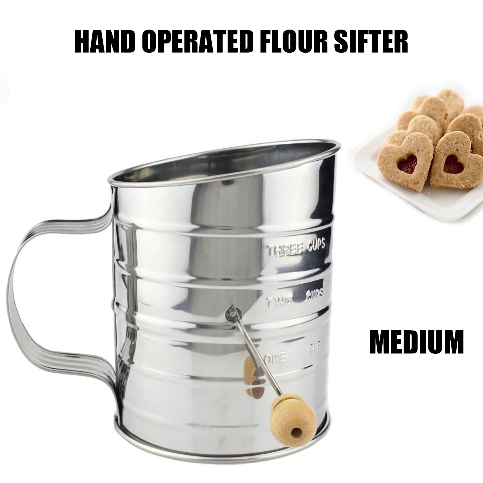 Pgeraug Flour sifter 3Cup Stainless Steel Rotary Hand Crank Flour S