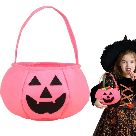 Pgeraug Halloween Pumpkin Bucket , Candy Bags , Fluorescent Pumpkin Non-Woven Reusable Trick-Or-Treat Tote for Ki-ds, Pink