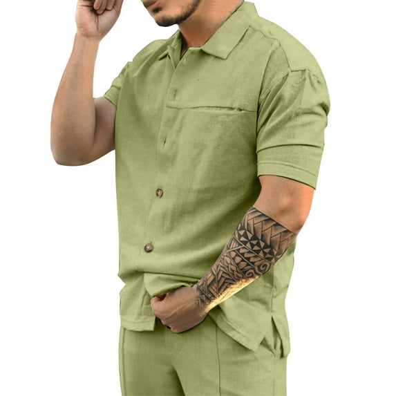 Pgeraug Mens Shirts Button Down Lapel Solid with Pocket Polo Shirts for Men Green L