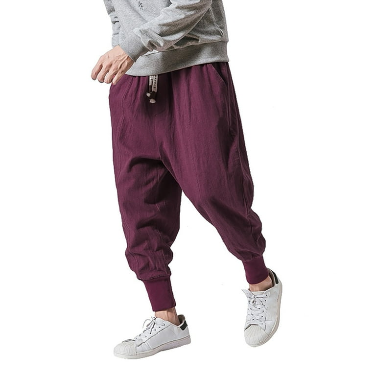 Pgeraug Mens Sweatpants Cotton Linen Solid Elastic Waist Joggers Drop Crotch Trousers Cargo Pants for Men Red 3Xl Walmart