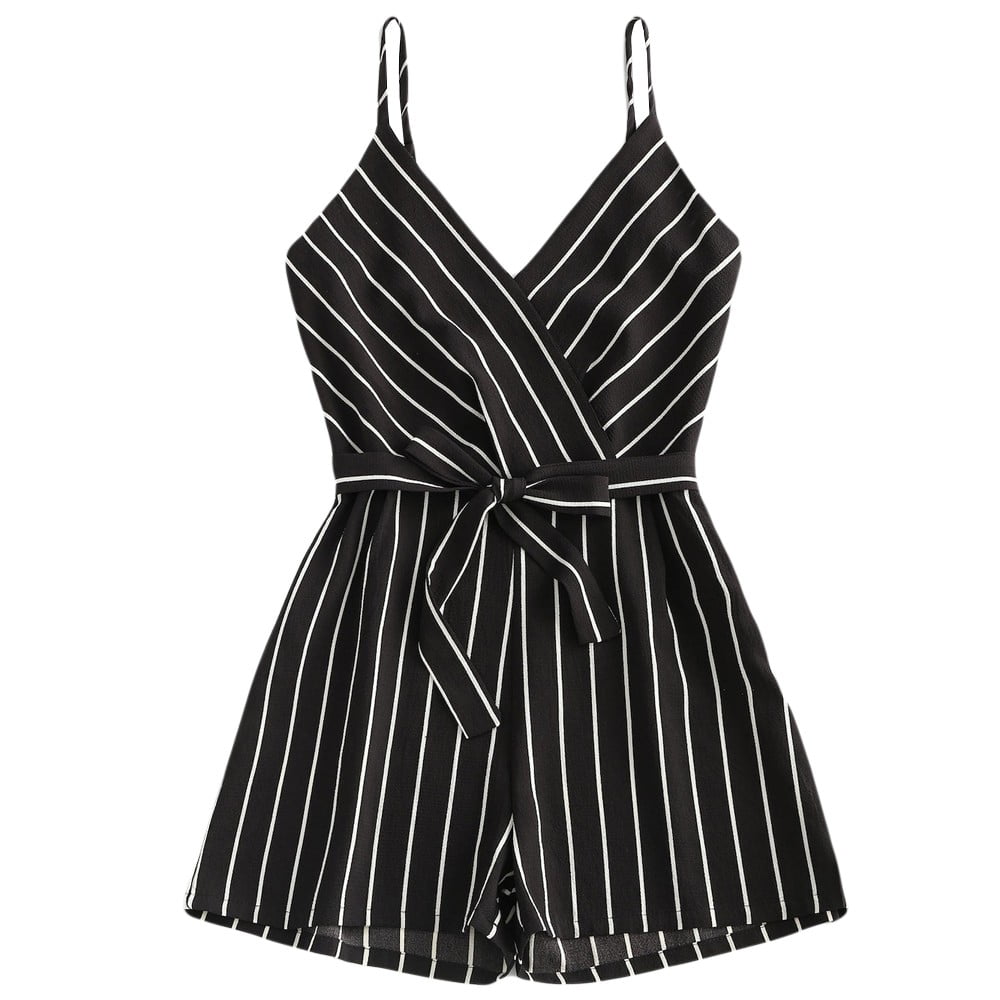 Pgeraug Pants for Women Sleeveless Strappy Short Playsuits Striped Cami Belt Romper Jumpsuit Jumpsuits for Women Black L Walmart