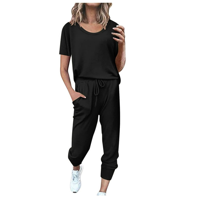 Pgeraug Polyester Fall Coats for Women 2Pc Pure Color Suit Short Sleeve  Leisure Pocket Home Sweatpants Sets Workout Sets for Women Black M 
