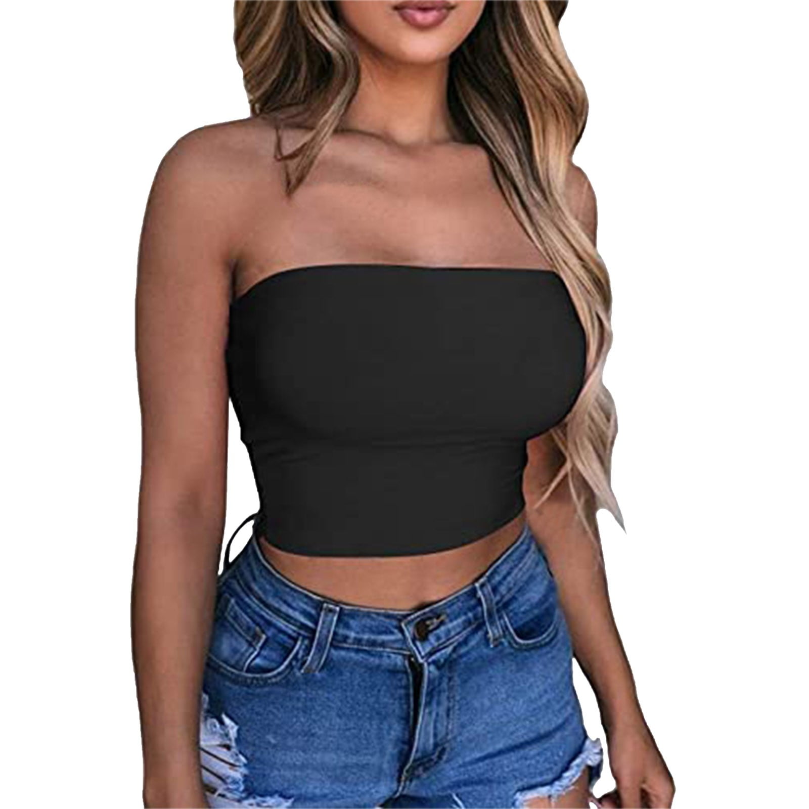 Pgeraug Polyester,Spandex Womens Tops Solid Color Crop Top Strapless  Bandeau Tube Top Sleeveless Backless Tank Cami Vest Tanks for Women Blue M  