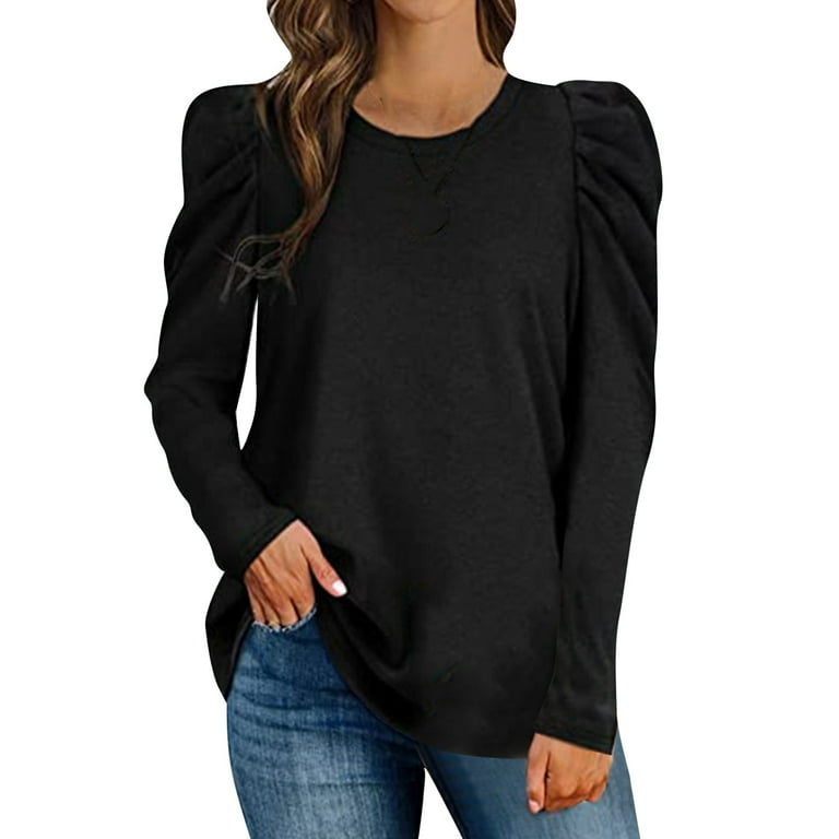 Pgeraug Polyester,Spandex plus size tops for women Tunic Tops Puff Sleeve  Crew Neck Long Sleeve Shirts Solid Color womens tops Black L 