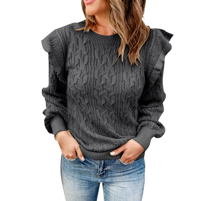 Crop Top Cable Knit Grey Frill Neck Jumper YYDGH Women's Solid