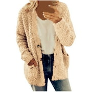 Pgeraug Winter Coats for Women Women Plus Size Sweater Pockets Outerwear Buttons Cardigan Coat Plus Size Tops for Women Khaki L