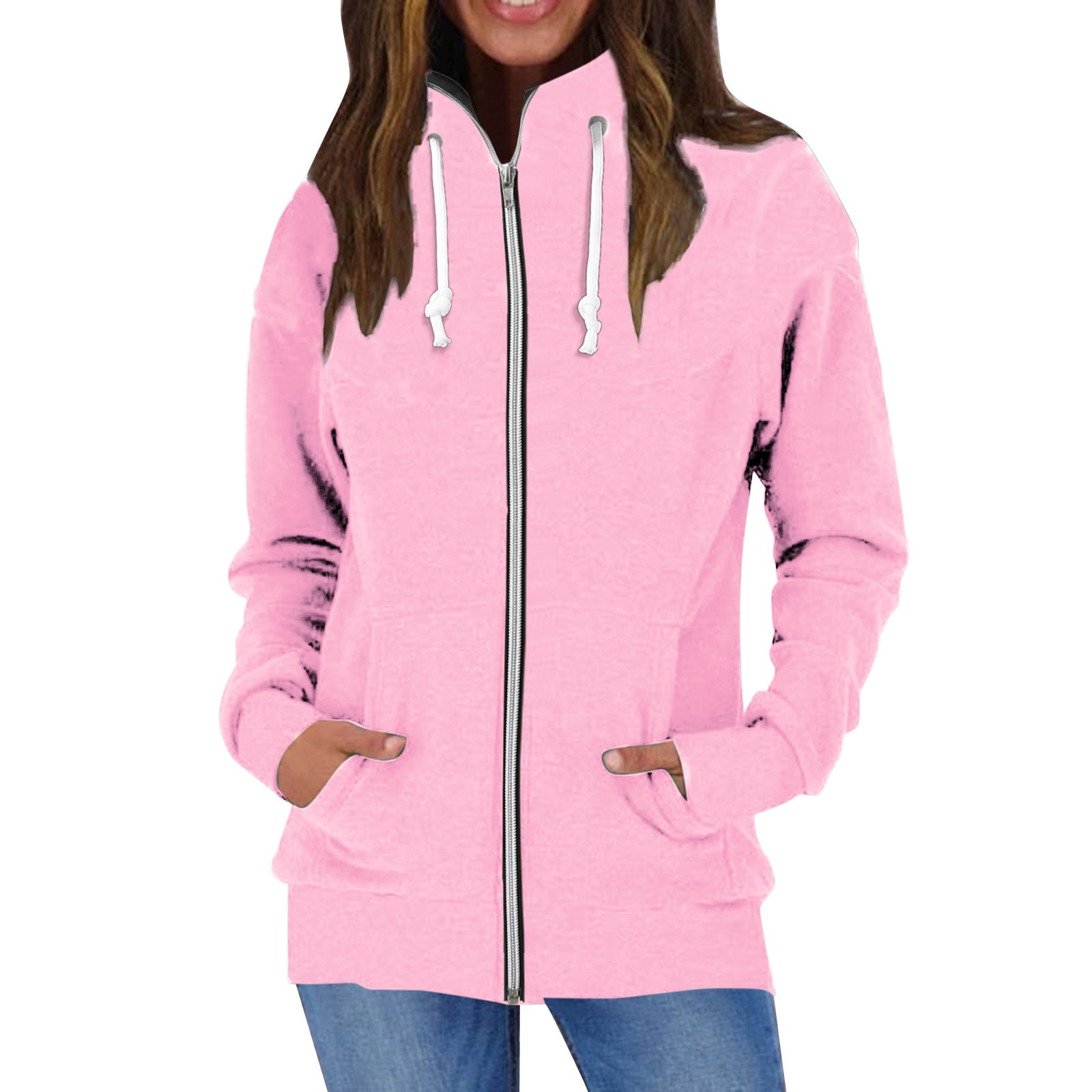 Pgeraug Womens Tops Long Sleeve Warm Hoodless Stcollar Solid Color Zip ...
