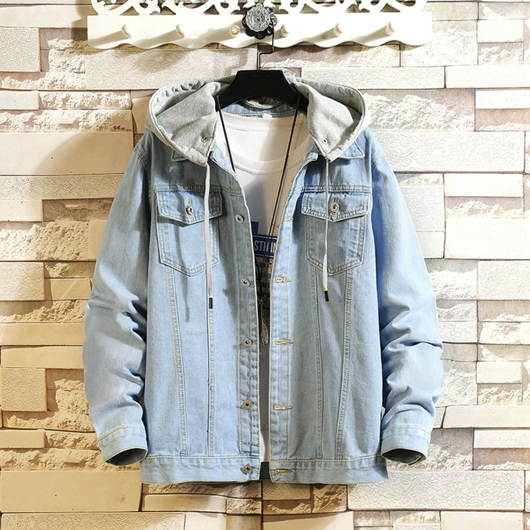 Pgeraug for Men Spring And Leisure Solid Color Buckle Hooded Denim Jacket Coat Jackets for Men Light Blue Xl Walmart