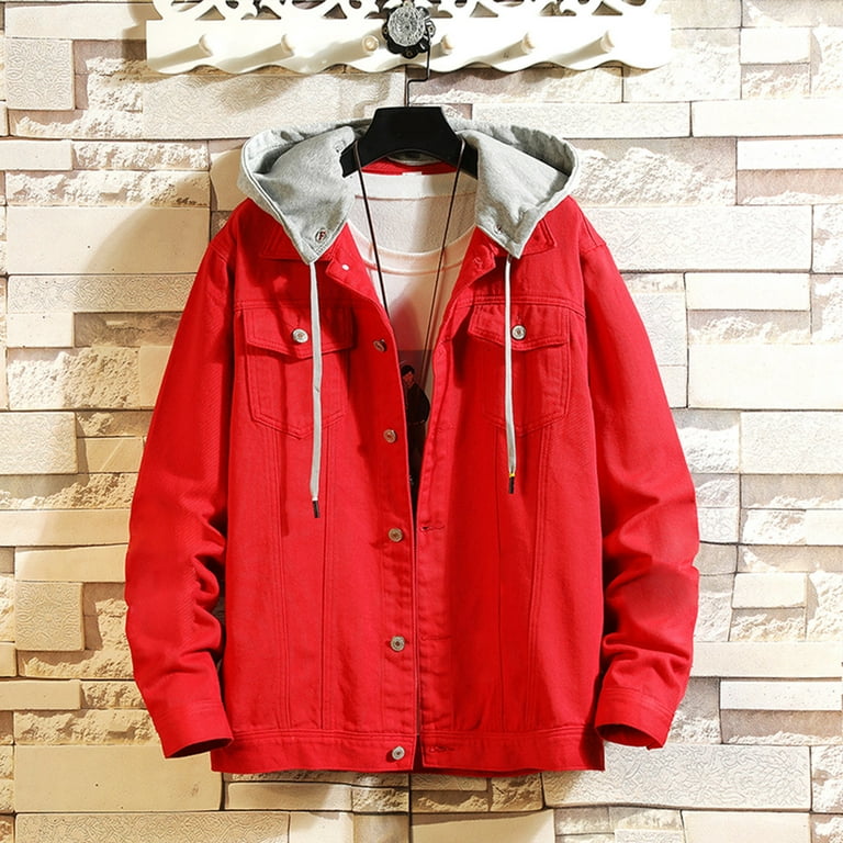 Pgeraug for Men Spring And Leisure Solid Color Buckle Hooded Denim Jacket Coat Jackets for Men Red 2Xl Walmart