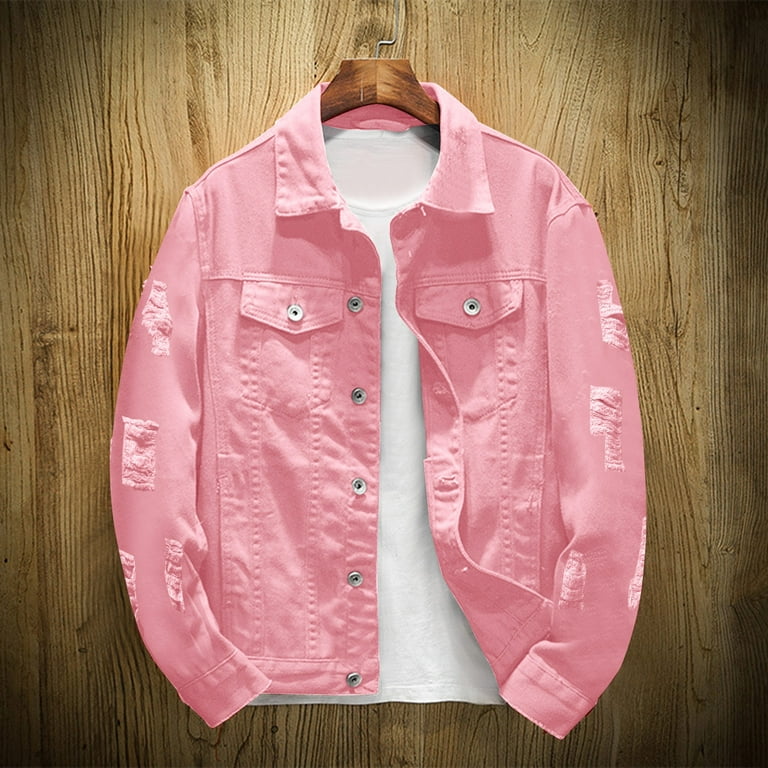 Lzler Ripped Jean Jacket for Men Pink Fashion Denim Jacket Men, Men's, Size: Large
