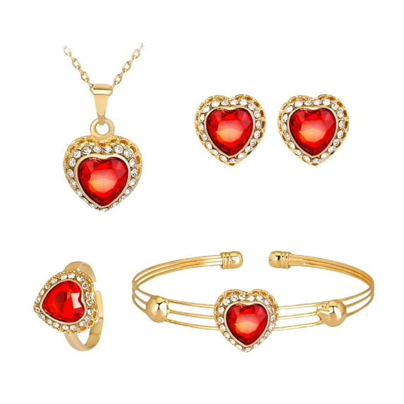 Pgeraug gifts for women Four-piece Alloy Love Gemstone Diamond Earring Necklace Bracelet Ring Set The Jewelry Red