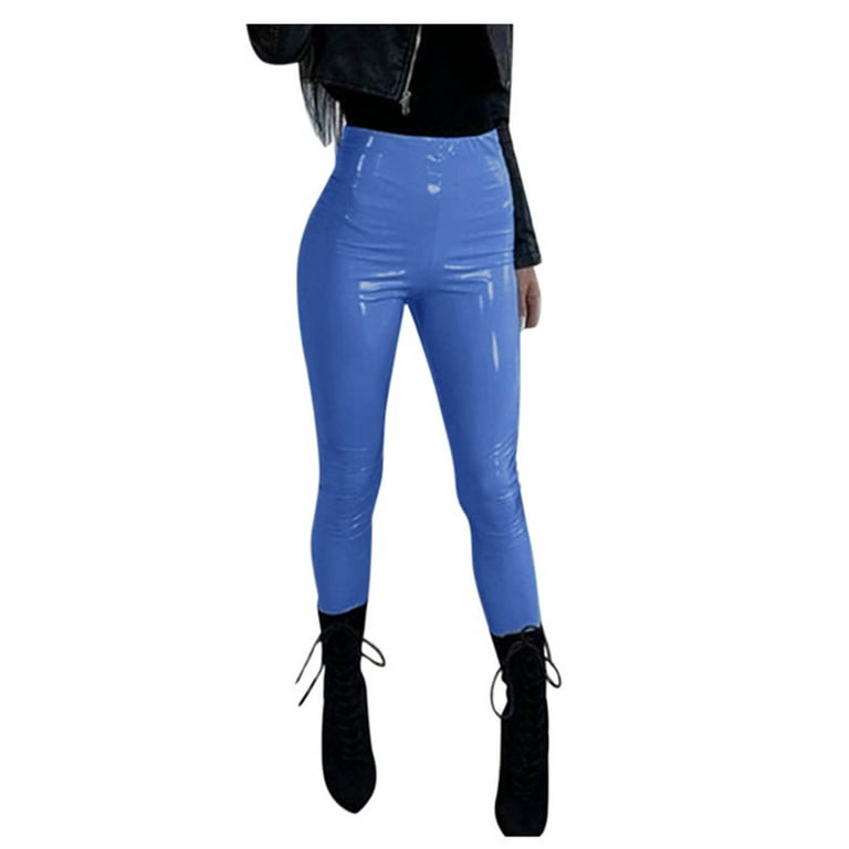 Pgeraug leather pants for women High-waist Leather Pencil Skinny Leather Leggings  pants for women Blue M 