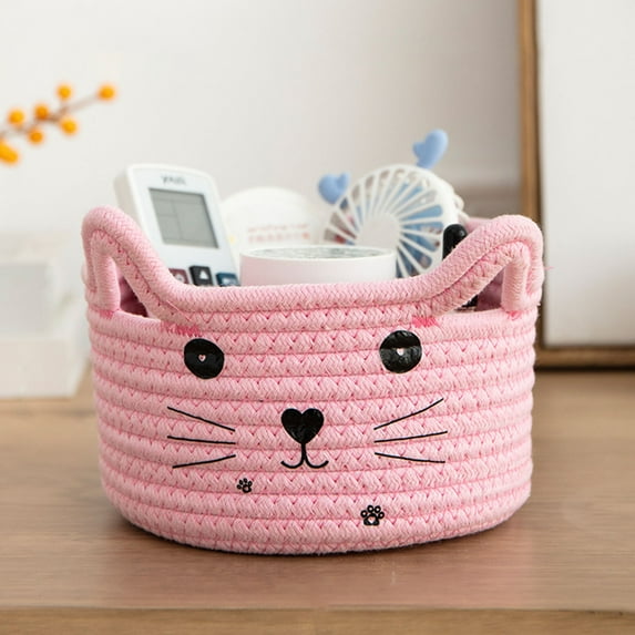 VANLOFE Cat Basket Storage Woven Basket Organizer with Ears Decorative Pet Toy Cute Basket Cotton Rope Basket for Gift Cat Dog Toy Bin Nursery Room(8.3 x 4.7 Inch,Pink)