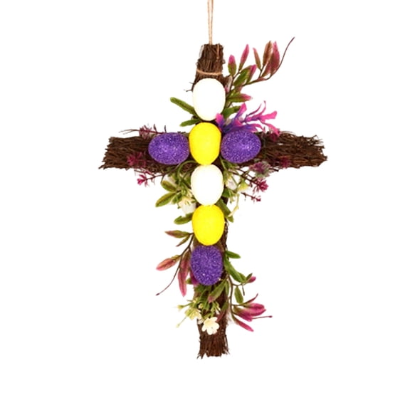 Pgyong Easter Wreath Decor for Front Door, Easter Wreath with Cross Burlap Bow Religious Farmhouse Rustic Grapevine Wreath for Home Decoration