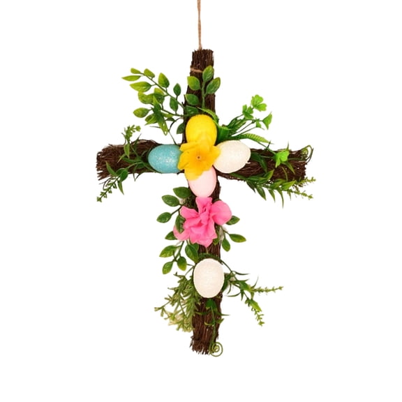 Pgyong Easter Wreath Decor for Front Door, Easter Wreath with Cross Burlap Bow Religious Farmhouse Rustic Grapevine Wreath for Home Decoration