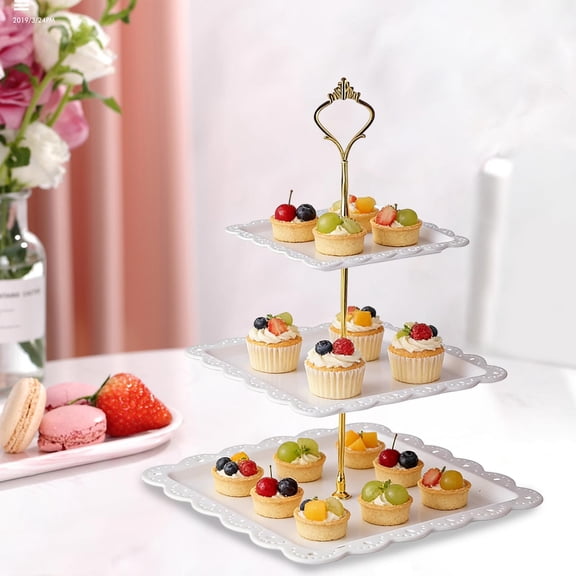 Pgyong European Style 3-Tier Dessert Stand Square Serving Tray for Cake, Fruit, Snacks, Candy - Luxury Coffee Table Decor for Parties & Afternoon Tea