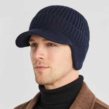 PGYONG Mens Winter Knit Hat with Earflaps Warm Beanie Hat Outdoor Caps (Navy Blue)