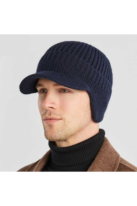 Mens Winter Knit Hat with Earflaps Warm Beanie Hat Outdoor Caps (Navy Blue)