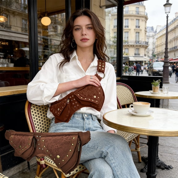 Pgyong Steampunk Women's Waist Bag Vintage Crossbody Bag with Studs & Rivets PU Leather Waist Pack for Motorcycle Travel Festival Gothic Punk Fashion