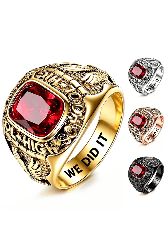 Class Rings 925 Sterling Silver Personalized Men's Class Ring - Custom Graduation Ring - Perfect High School Graduation Gift for 2026 (Military Ring - Gold)
