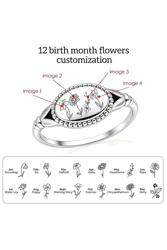Custom 12 Birth Month Flower Ring - Personalized 12 BirthFlowers & Birthstones Family Heirloom Flower Rings Silver/318L Stainless Steel Mother's Day Jewelry Gifts for Mom