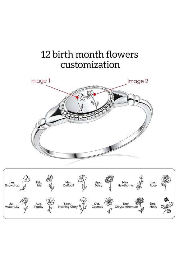 Custom 12 Birth Month Flower Ring - Personalized 12 BirthFlowers & Birthstones Family Heirloom Flower Rings Silver/319L Stainless Steel Mother's Day Jewelry Gifts for Mom