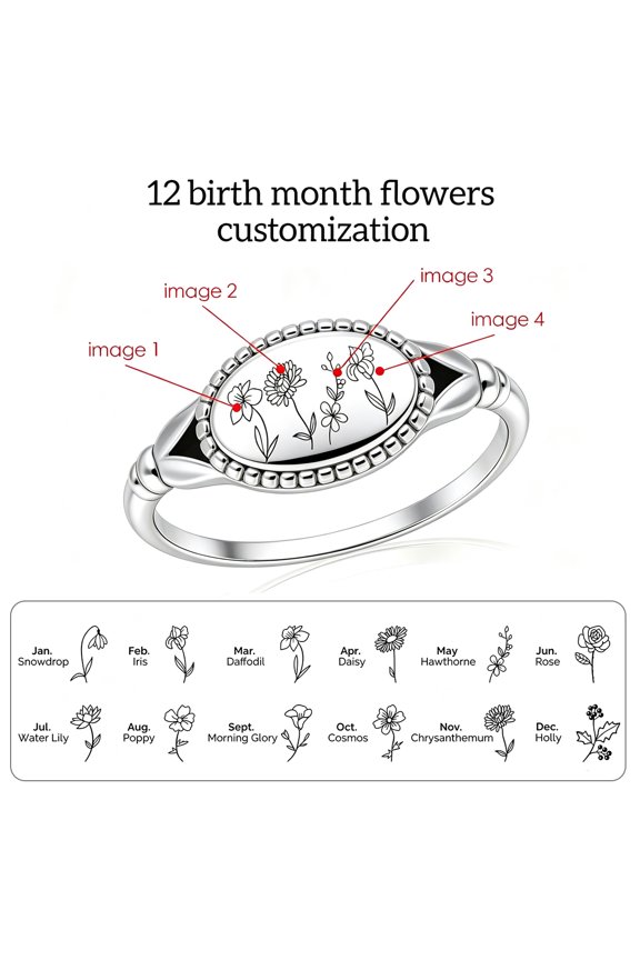 Custom 12 Birth Month Flower Ring - Personalized 12 BirthFlowers & Birthstones Family Heirloom Flower Rings Silver/321L Stainless Steel Mother's Day Jewelry Gifts for Mom