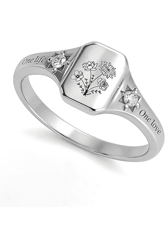 Custom 12 Birth Month Flower Rings - Signet Rings for Women Personalized BirthFlowers & Birthstones Grandmother Mother Ring Gift for Women Mom