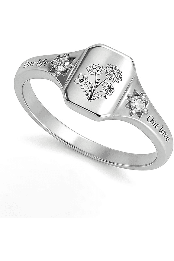 Custom 12 Birth Month Flower Rings - Signet Rings for Women Personalized BirthFlowers & Birthstones Grandmother Mother Ring Gift for Women Mom