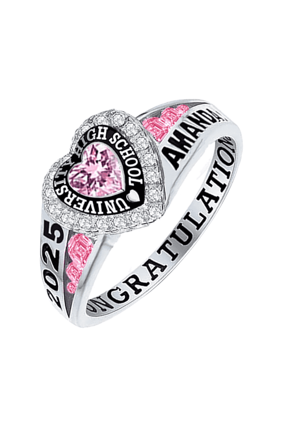 Customizable Class Rings for Women High School- Gold Heart Class Rings 925 Sterling Silver Adult Graduation Ring(Pink)