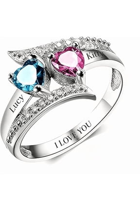 Personalized Birthstone Ring for Women - Custom 2 Heart Birthstone Mother Rings Custom Engraved Name Jewelry Promise Rings for Mother's Day & Valentine's Day (Style 7)