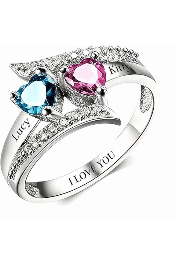 Personalized Birthstone Ring for Women - Custom 2 Heart Birthstone Mother Rings Custom Engraved Name Jewelry Promise Rings for Mother's Day & Valentine's Day (Style 7)