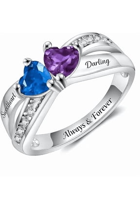 Personalized Birthstone Ring for Women - Custom 2 Heart Birthstone Rings for Mom Custom Engraved Name Jewelry Promise Rings for Mother's Day & Valentine's Day (Style 4)