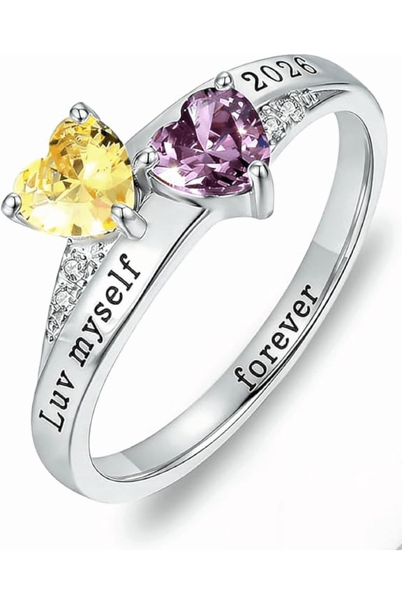 Personalized Birthstone Ring for Women - Custom 2 Heart Birthstone Rings for Mom Custom Engraved Name Jewelry Promise Rings for Mother's Day & Valentine's Day