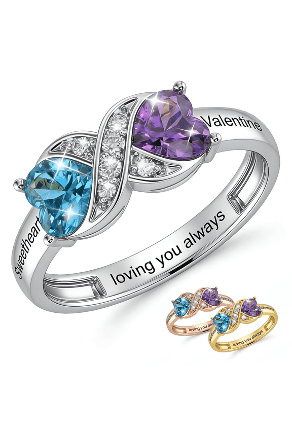 Personalized Birthstone Ring for Women - Custom 2 Heart Birthstone Rings for Mom Custom Engraved Name Jewelry Promise Rings for Mother's Day & Valentine's Day