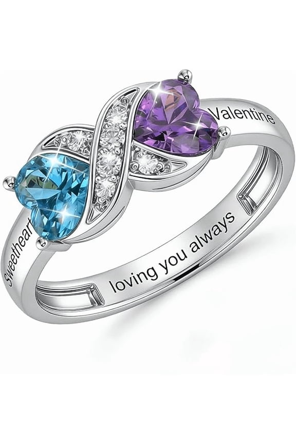 Personalized Birthstone Ring for Women - Custom 2 Heart Birthstone Rings for Mom Custom Engraved Name Jewelry Promise Rings for Mother's Day & Valentine's Day