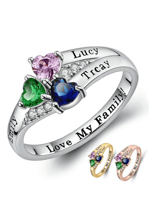 Personalized Birthstone Ring for Women - Custom 2 Heart Birthstone Rings for Mom Custom Engraved Name Jewelry Promise Rings for Mother's Day & Valentine's Day (Style 2)